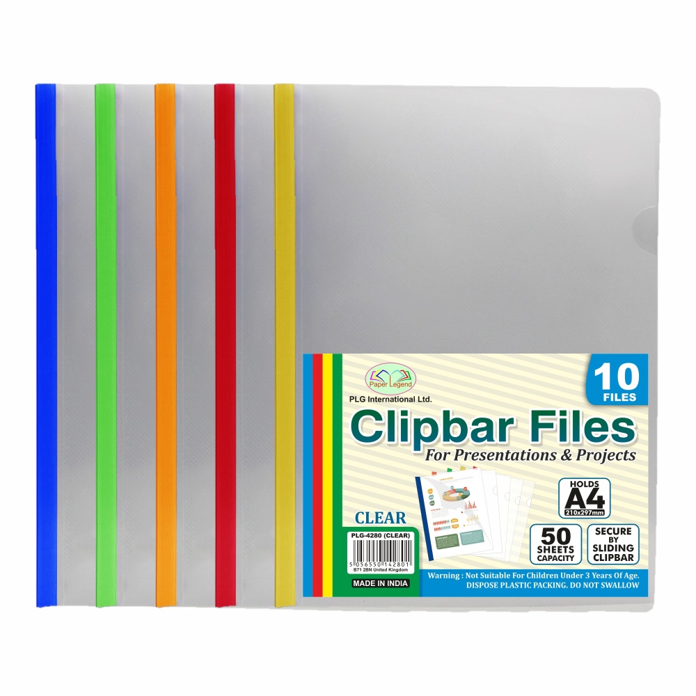 PLG A4 Clipbar Files Assorted Colours Pack of 10